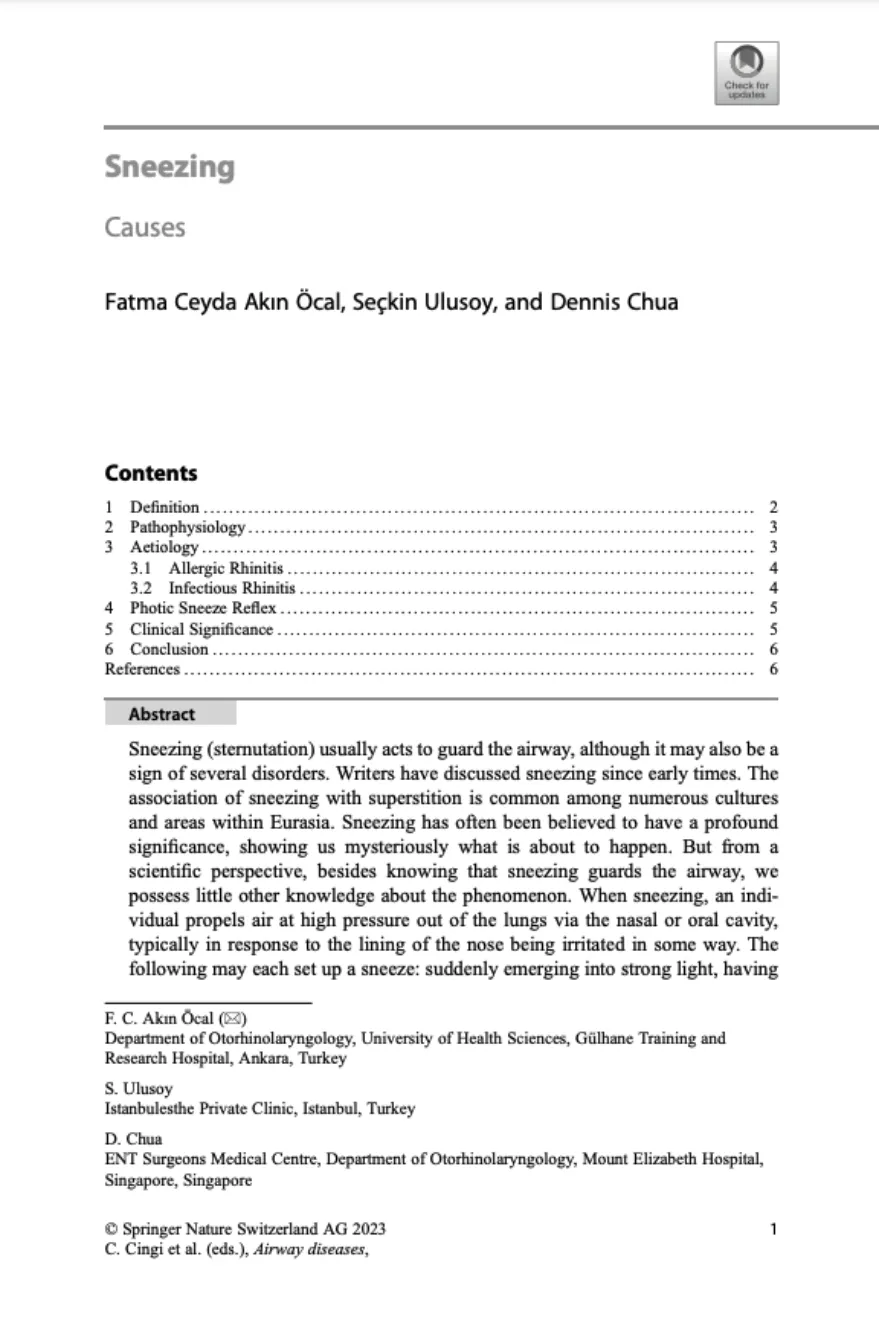 "Sneezing" article detailing causes, definitions, and clinical significance by Öcal, Ulusoy, and Chua