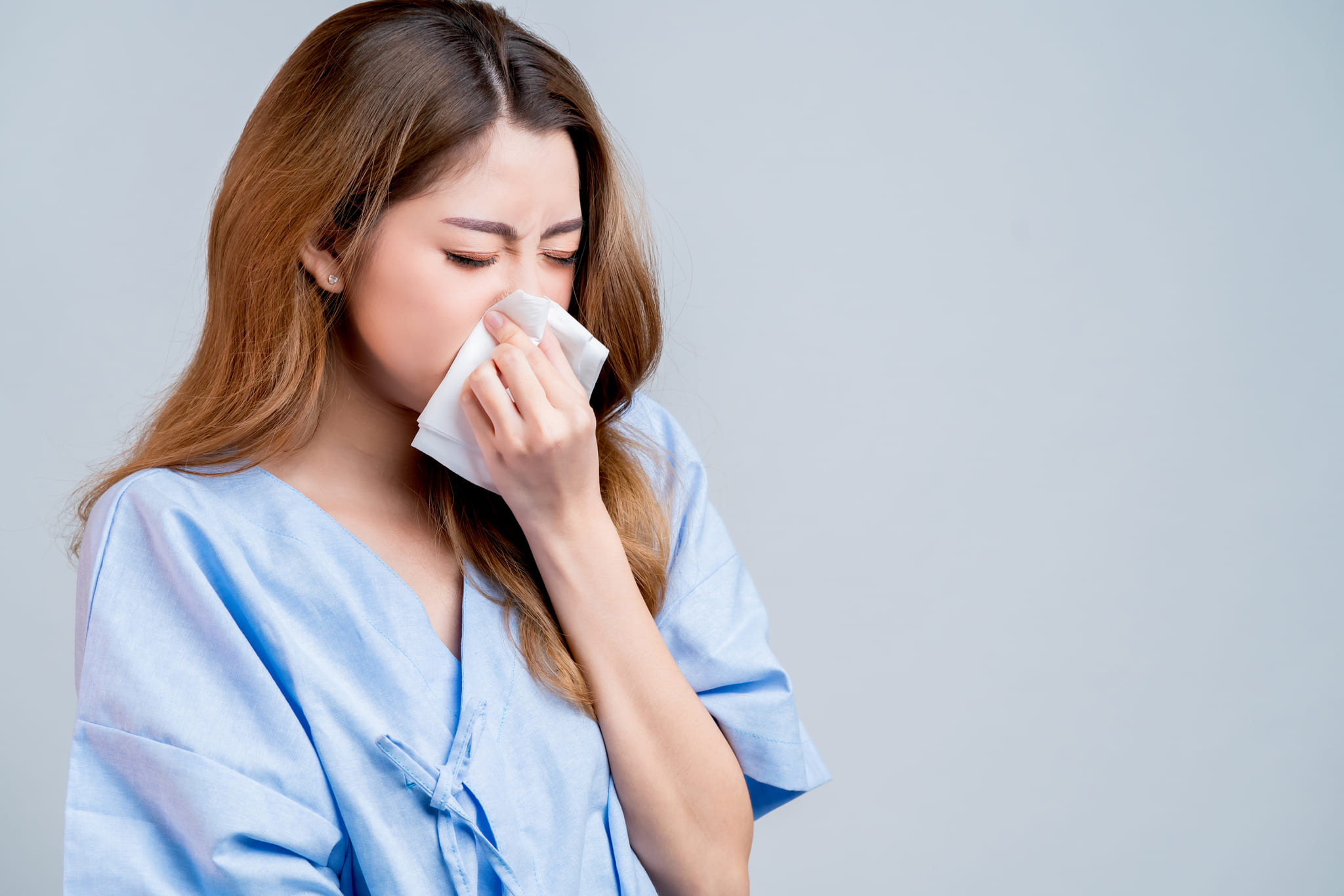 sick asian female woman weather allergy sneeze cough hospital uniform health illness ideas