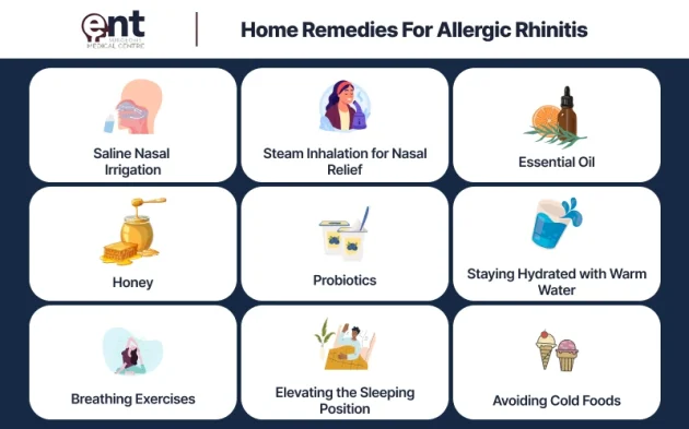 Infographic listing nine natural home remedies for allergic rhinitis